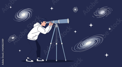 Young Man Gazer Looking at Galaxies Stars Through Telescope with Interest