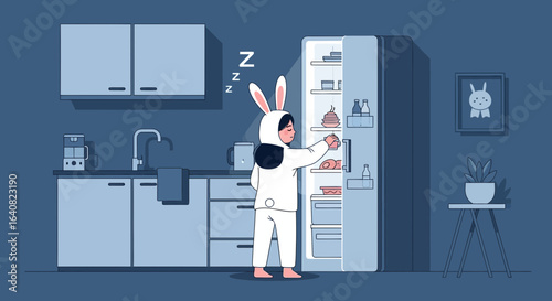 Sleepy Midnight Snack Run Girl in Bunny Pajamas Reaching into the Fridge