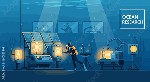 Underwater research station with a diver examining equipment under the sea