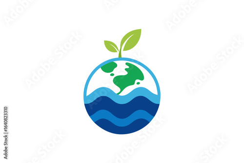 globe with water waves at the bottom and leaf,