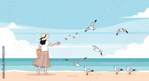 Woman Feeds The Seagulls On Sandy Beach In Summer Vacation Travel Concept
