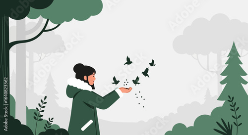 Woman Feeds Birds With Seeds In Peaceful Forest Winter Season