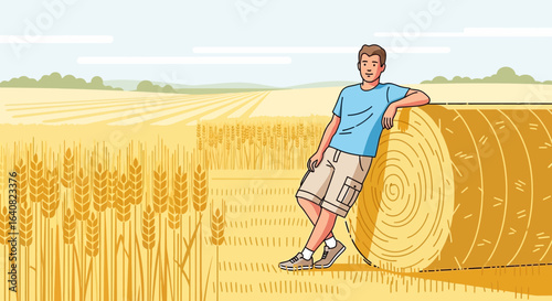 Young Man Relaxing Against Hay Bale In Golden Wheat Field Rural Landscape