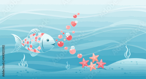 Underwater World Scene With Cartoon Fish Blowing Heart Shaped Bubbles