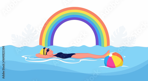Woman Floating Peacefully On Water With Beach Ball And Colorful Rainbow