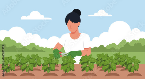 Woman Gardener Cultivating Basil Crops On A Field With Pruning Shears