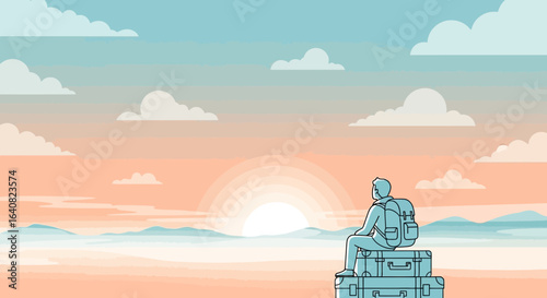 Vector art of a traveler sitting on suitcases, gazing at a sunrise, symbolizing wanderlust and adventure dreams on horizon