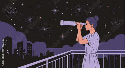 Woman Gazing At Night Sky With Telescope Over Urban Skyline
