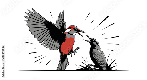 Vector Illustration Of A Bird Feeding Its Young Bird With Open Wings