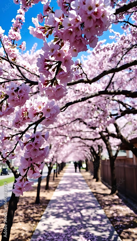 Naklejka premium Cherry Blossom Pathway in Full Bloom – Pink Sakura Trees Overhanging a Sunlit Walkway