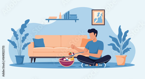Vector illustration of a man eating fruit salad at home in a cozy living room setting promoting healthy habits