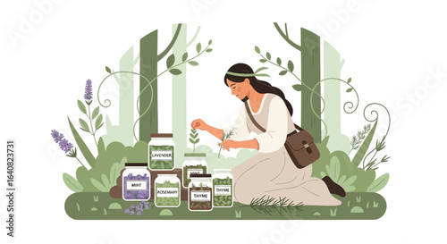 Woman harvesting herbs in a forest setting, preserving medicinal plants in jars