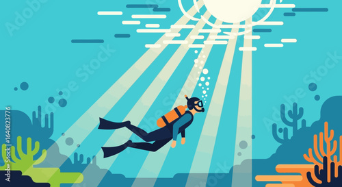 Vector illustration of a scuba diver in a blue sea surrounded by coral reefs and sun rays under the water surface