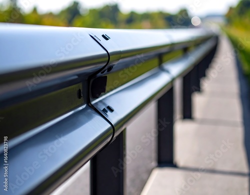 Close-up of modern highway guardrail