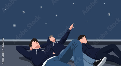 Vector Illustration of Three Friends Stargazing Together on a Rooftop at Night
