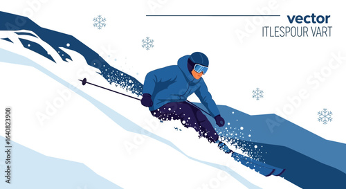Vector illustration showcasing a skier descending a snowy slope in vibrant blue tones, embodying winter sports