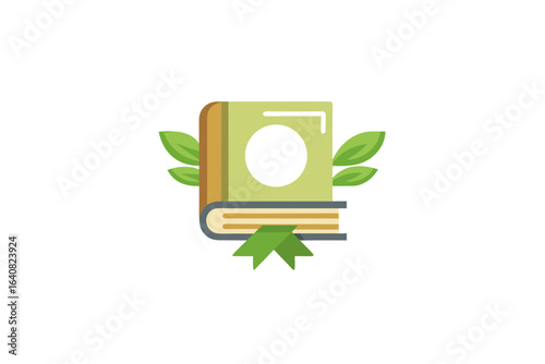 recycled paper textbook with eco badge and bookmark icon