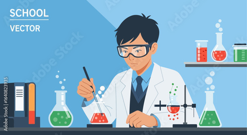 Young Scientist Conducts Experiment In Laboratory With Beakers And Flasks