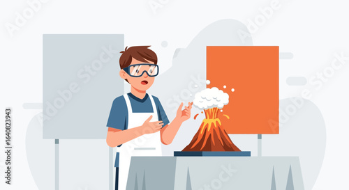 Young scientist conducting a volcano experiment in a science classroom setting safely