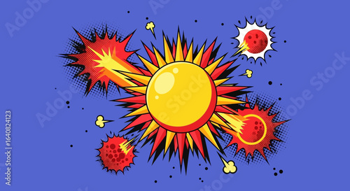 Vibrant Comic Style Illustration of Solar Flares and Explosions in Outer Space
