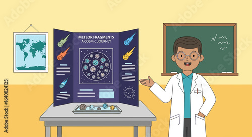 Young Scientist Presenting A Project About Meteor Fragments And A Cosmic Journey