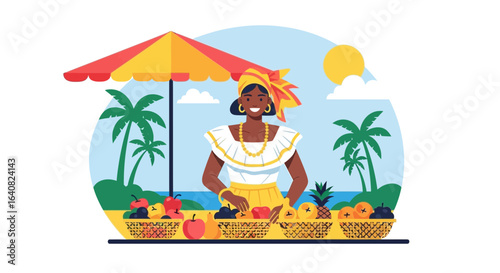 Vibrant Fruit Vendor Illustration at a Tropical Beach Market Scene with Traditional Attire