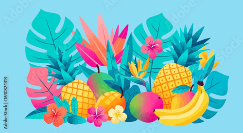 Vibrant tropical illustration featuring exotic fruits and lush foliage creating a summery feel