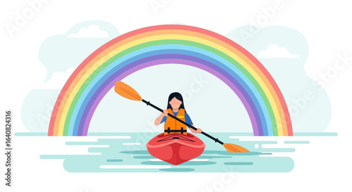 Woman kayaking under a vibrant rainbow vector illustration for outdoor activities recreation and nature scenic beauty travel adventure