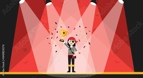 Victorious Pirate Celebrating Championship Triumph on Stage Under Bright Spotlights