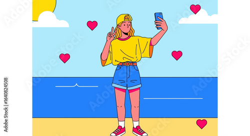 Young Woman Capturing Vacation Memories With a Smartphone Selfie Illustration