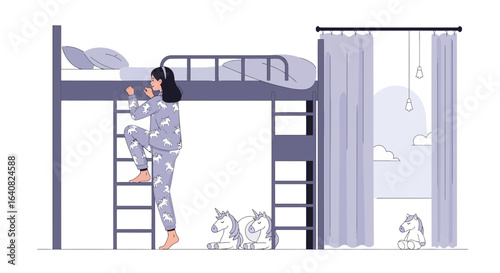 Young woman climbs a bunk bed ladder in a whimsical room filled with unicorns vector illustration