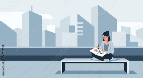 Young Woman Drawing a Rose Sketch on a Bench With Cityscape in the Background