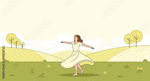 Young Woman Enjoying Nature and Freedom In A Sunny Meadow Landscape