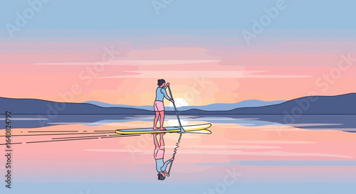 Woman Paddleboarding On Calm Lake Against Backdrop Of Pastel Sunset Scenery