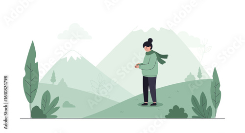 Young Woman Enjoying Serene Mountain Landscape Outdoor in a Green Tone