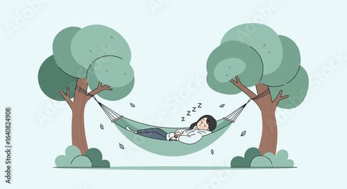 Woman peacefully asleep in a hammock slung between trees in a serene park illustration