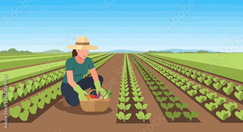 Young Woman Harvesting Fresh Vegetables In Organic Farm Field Vector Illustration