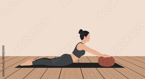 Woman performing restorative yoga with bolster to ease back pain and promote relaxation illustration
