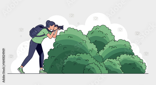 Woman Photographer Capturing Nature Shots Near Green Bushes Vector Illustration