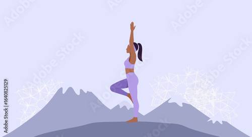 Woman practices tree pose yoga on mountain background, finding balance and serenity