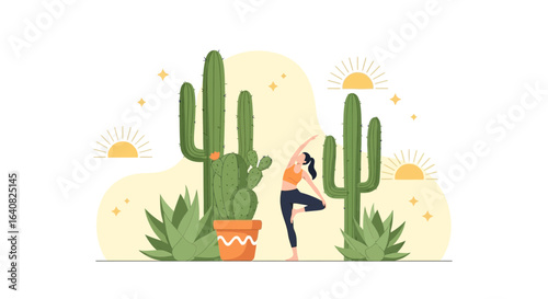 Woman practices yoga amidst the serene desert landscape and towering cacti in calm illustration