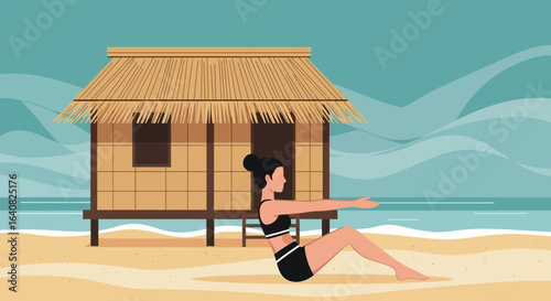 Woman practicing fitness on the beach with a tropical hut in the background serene beachside fitness scene