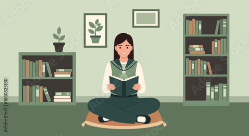 Young woman sitting in a cozy room reading a book surrounded by bookshelves and plants enjoying her time