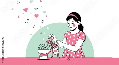 Young Woman Wrapping Succulent Gift For Beloved One With Hearts Background