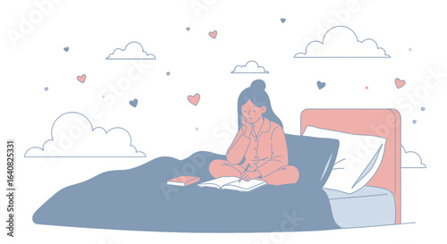 Young Woman Writes In Her Journal Before Sleep At Night In Her Bed