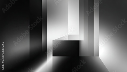 Gray, minimalist, geometric, interior scene.  Light shafts highlight a central cube