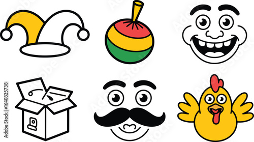 April Fools' Day Vector Icons Featuring Jester Hat, Joke Bomb, Face, Box, Mustache, Chicken