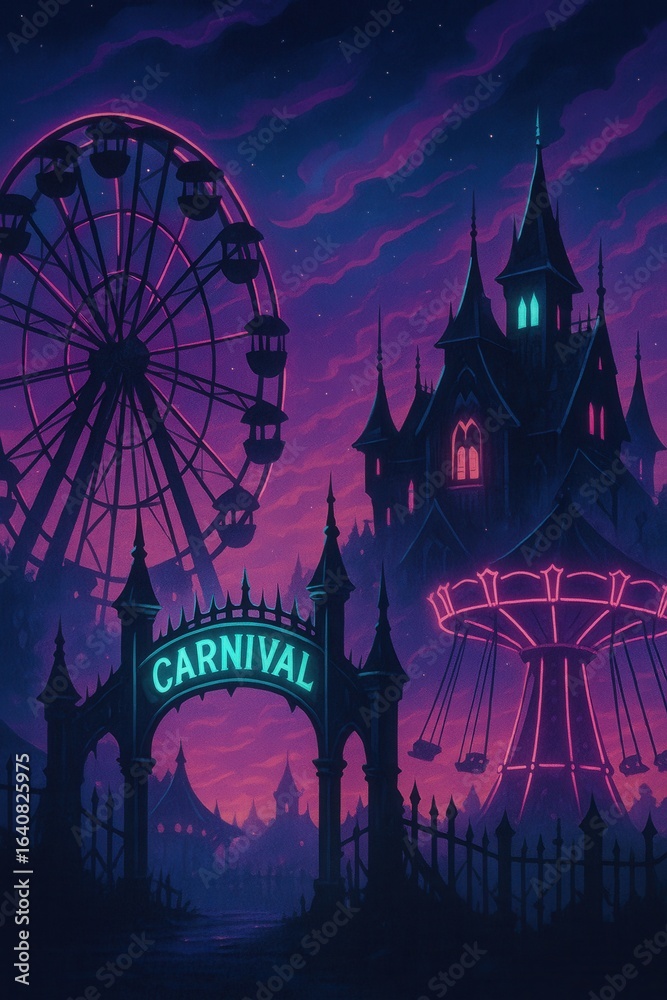 Fototapeta premium Halloween-themed retro carnival with a spooky gothic house and glowing neon sign