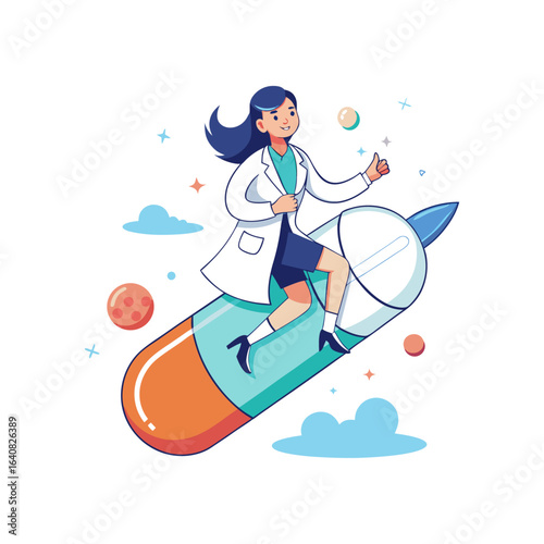 Creative female doctor riding giant capsule pill rocket, innovative healthcare vector illustration, medical technology concept, futuristic pharmacy design on white