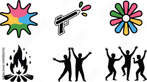 Colorful Holi Festival Icons Set with Splash, Water Gun, Flower, and Dancing People